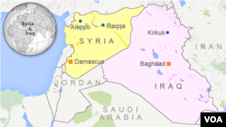 Peta lokasi kota Raqqa, Aleppo dan Damaskus di Suriah.