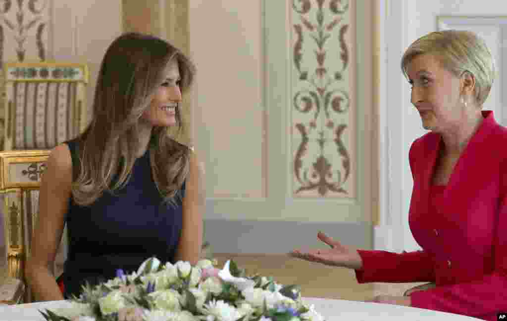 First Lady Melania Trump, left, meets with Poland's First Lady Agata Kornhauser-Dudain, at the Belvedere palace in Warsaw, July 6, 2017.