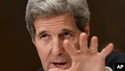 Secretary of State John Kerry testifies before a Senate Appropriations subcommittee on Capitol Hill in Washington to defend the budget requests for America's diplomacy operations, Feb. 24, 2015.
