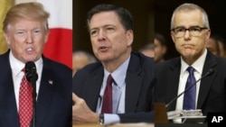 Dari kiri: Presiden Donald Trump, mantan direktur FBI James Comey dan penjabat sementara Direktur FBI Andrew McCabe.(Foto: dok).