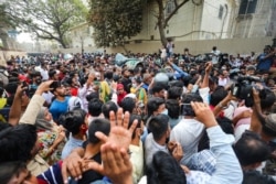 Activists shout slogans during a protest against the Digital Security Act, in Dhaka, Bangladesh, on March 3, 2021.