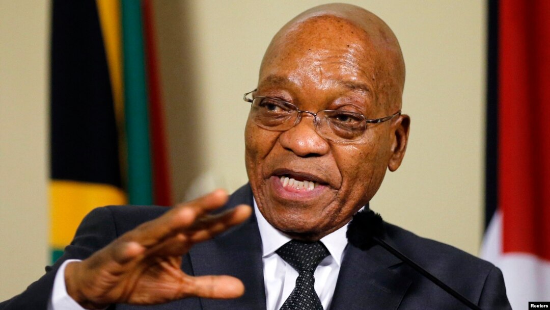 FILE - South Africa's President Jacob Zuma gestures during a media briefing.