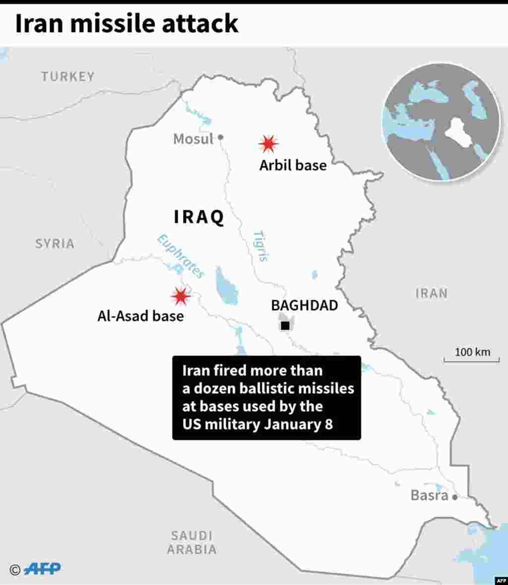 Map showing the details of Iran's Jan. 8, 2020 missile attack on US forces in Iraq.