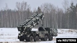 A view shows a rocket launcher system during the "Allied Resolve" military exercises held by the armed forces of Russia and Belarus at the Osipovichsky training ground in the Mogilev region, Belarus, Feb. 17, 2022.