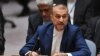 Menteri Luar Negeri Iran Hossein Amir-Abdollahian berbicara dalam pertemuan Dewan Keamanan PBB terkait situasi di Timur Tengah, di markas PBB di Kota New York, pada 18 April 2024. (Foto: AFP/Angela Weiss)