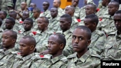 FILE - Somali soldiers attend a ceremony in Mogadishu, Somalia, Sept. 30, 2017.