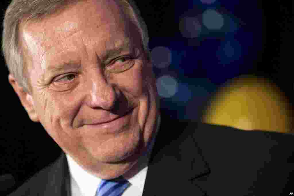 In Illinois, Democratic U.S. Sen. Dick Durbin delivers his victory speech at his election night event, Nov. 4, 2014. Durbin declared victory over challenger Republican State Sen. Jim Oberweis.