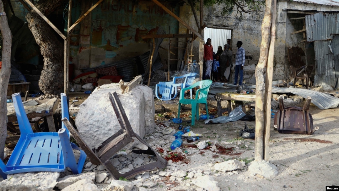 An explosion claimed by a suspected al-Shabab member destroyed this tea shop near a security checkpoint in Mogadishu, Somalia, on Sept. 29, 2023. Somali officials arrested a man believed to be the main arms dealer for al-Shabab militants.