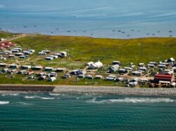 Aerial view of Shishmaref, a village on Sarichef Island in the Chukchi Sea, just north of the Bering Strait in western Alaska.