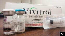 FILE - The packaging of Vivitrol at an addiction treatment center is seen in Joliet, Illinois, Oct. 19, 2016.