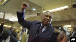 FILE: Phelekezela Mphoko chants the party slogan at the Zanu PF headquarters in Harare,Wednesday, Dec, 10, 2014. (AP Photo/Tsvangirayi Mukwazhi)