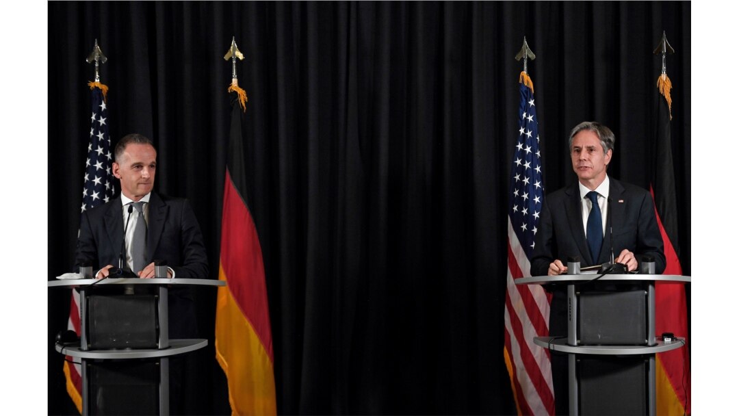 U.S. Secretary of State Antony Blinken and German Foreign Minister Heiko Maas address a joint news conference following a meeting at Ramstein Air Base, in Ramstein, Germany, Sept. 8, 2021.