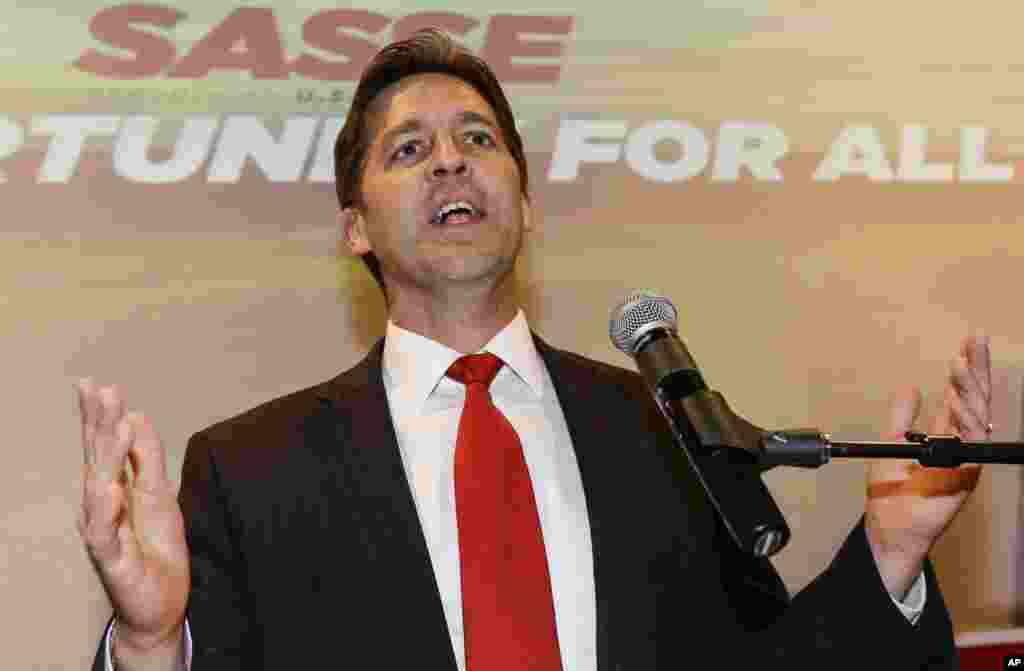 In Nebraska, Republican Senator-elect Ben Sasse addresses supporters after beating Democrat Dave Domina. Sasse, who'll succeed retiring Republican Mike Johanns, celebrates, Nov. 4, 2014. 