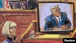 Desenho de E. Jean Carroll e Donald Trump