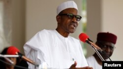 FILE - Nigerian President Muhammadu Buhari speaks at the presidential villa in Abuja, Nigeria, May 14, 2016.