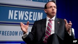 Deputy Attorney General Rod Rosenstein speaks during an event at the Newseum, May 1, 2018, in Washington.