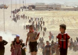 FILE - Displaced people from the Yazidi sect, fleeing violence from forces loyal to Islamic State militants in Sinjar, walk toward the Syrian border on the outskirts of Sinjar mountain.