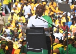 South African President Cyril Ramaphosa, delivers his party's election manifesto at the Moses Mabhida stadium in Durban, South Africa, Jan 12, 2019.