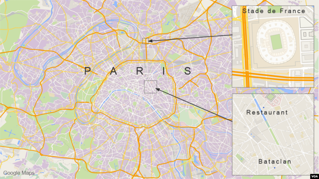 Mapa da área da cidade de Paris onde aconteceram os ataques