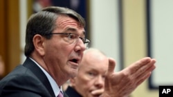 Defense Secretary Ash Carter, left, testifies before the House Armed Services Committee on Capitol Hill in Washington, June 17, 2015. 