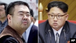 This combination of file photos shows Kim Jong Nam, left, exiled half-brother of North Korea's leader Kim Jong Un, in Narita, Japan, on May 4, 2001, and North Korean leader Kim Jong Un on May 9, 2016, in Pyongyang, North Korea.