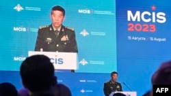 2023年8月15日，中國國防部長李尚孚在莫斯科郊區庫賓卡舉行的莫斯科國際安全會議上發表講話。