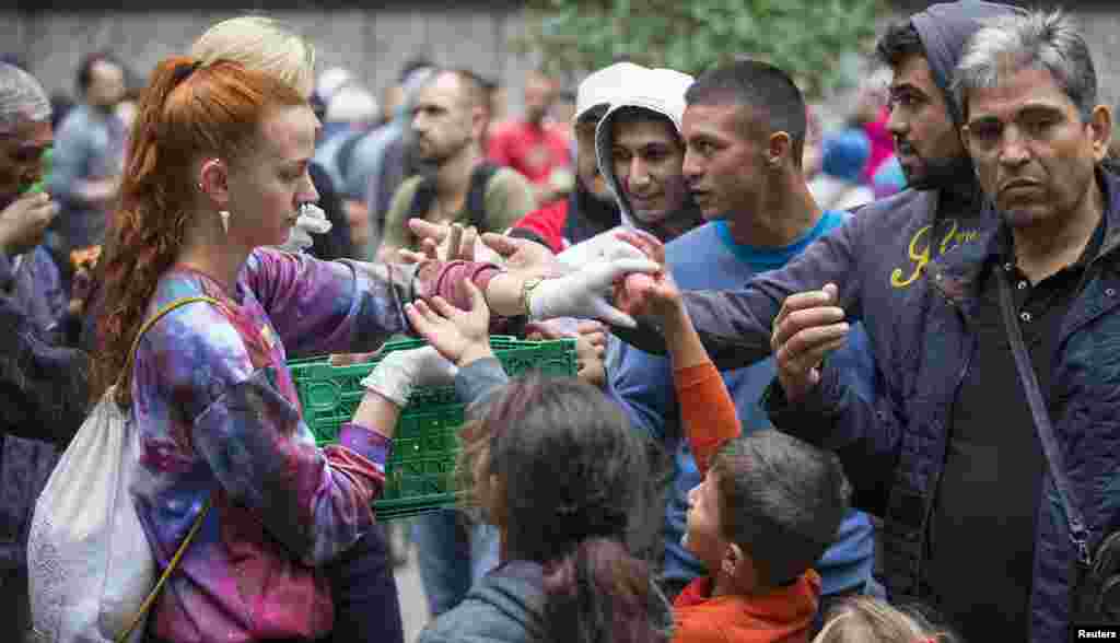Seorang warga membantu membagikan buah kepada para migran di depan kantor Dinas Kesehatan dan Sosial (LaGeSo), di Berlin, Jerman (3/9). (Reuters/Hannibal Hanschke)