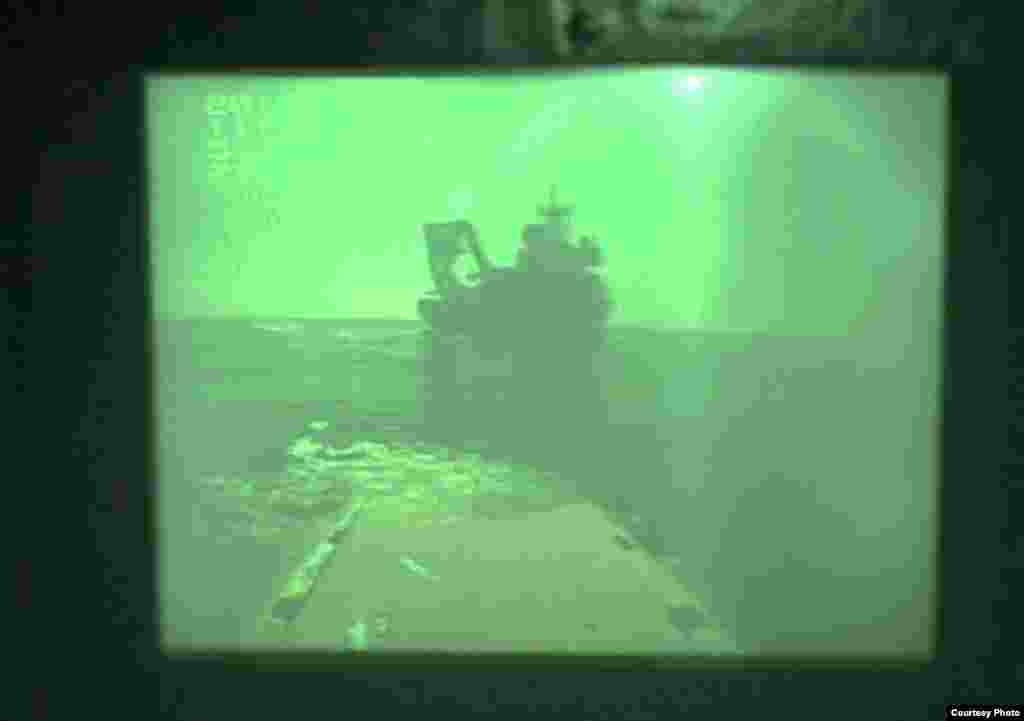 View of R/V Atlantis ship from inside Alvin after a successful dive to the methane seeps off of Hydrate Ridge, Oregon. (V. Orphan)