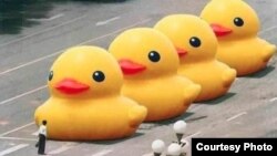 2013年，有網友用修圖軟件將六四著名照片“坦克人”中的坦克變成了大黃鴨——荷蘭藝術家弗洛倫泰因·霍夫曼（Florentijn Hofman）創造的巨型橡皮鴨藝術品，圖片在微博上傳播幾小時後被封禁。