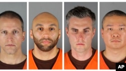 Dari kiri ke kanan: Derek Chauvin, J. Alexander Kueng, Thomas Lane dan Tou Thao, empat polisi yang dikenai tuduhan pidana dalam kasus kematian George Floyd. Foto dirilis oleh Kantor Sheriff Hennepin.