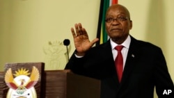 South African President Jacob Zuma gestures as he addresses the nation and press at the government's Union Buildings in Pretoria, South Africa, Feb. 14, 2018.