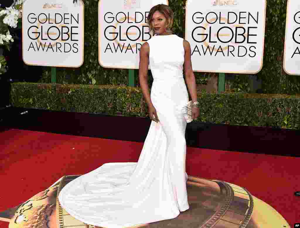 Laverne Cox arrives at the 73rd annual Golden Globe Awards on Jan. 10, 2016, at the Beverly Hilton Hotel in Beverly Hills, Calif.