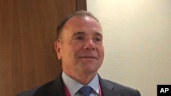 Retired Lt. Gen. Ben Hodges speaks to reporters on the sidelines of the Warsaw Security Forum in Warsaw, Poland, Oct. 24, 2018. 