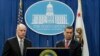 California Gov. Jerry Brown (L), accompanied by California Attorney General Xavier Becerra, listens to a question concerning remarks made U.S. Attorney General Jeff Sessions, March 7, 2018, in Sacramento, California.