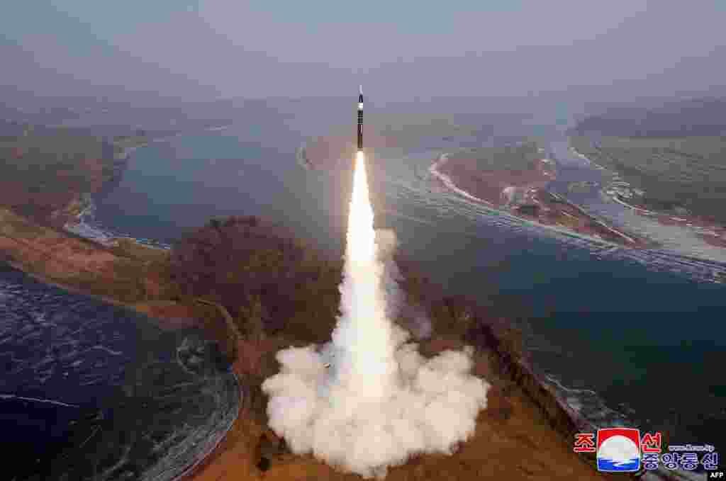 This picture taken on January 6, 2025 and released from North Korea's official Korean Central News Agency (KCNA) via KNS shows the launch of a hypersonic missile at an undisclosed location in North Korea.