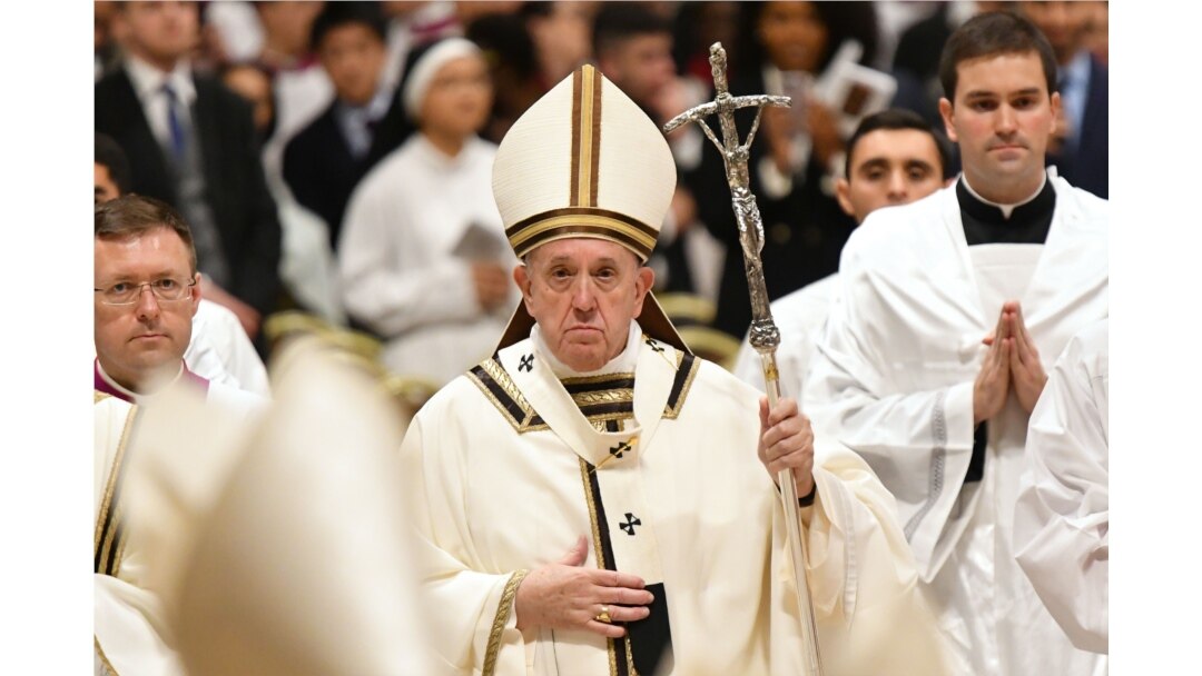 Pope Francis leads a Christmas Eve mass in St Peter's Basilica to mark the nativity of Jesus Christ, Dec. 24, 2019, at the Vatican.
