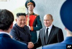 김정은 북한 국무위원장과 블라디미르 푸틴 러시아 대통령이 지난 2019년 4월 블라보스토크에서 회담했다.