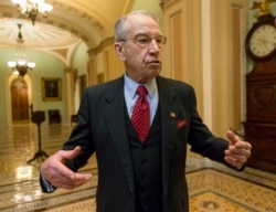 Sen. Chuck Grassley, R-Iowa, chairman of the Senate Judiciary Committee, talks with reporters on April 19, 2019, in Washington.