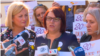 Shyhrete Tahiri-Sylejmani, center, speaks with the press, Oct. 14, 2019. At left, Feride Rushiti, of the Kosovo Rehabilitation Center for Torture, looks on.