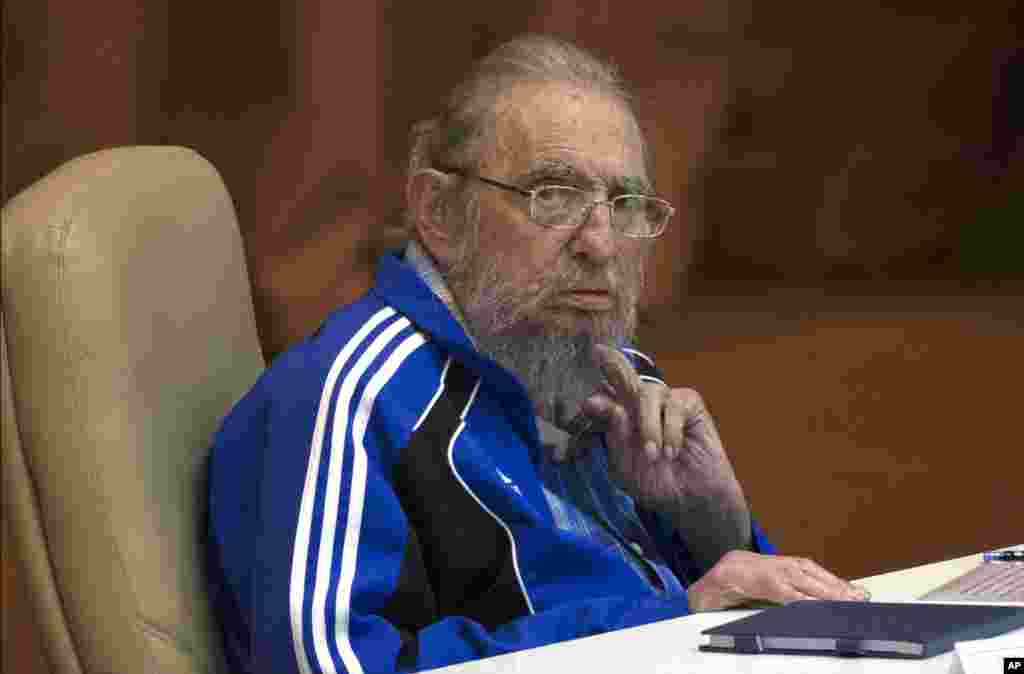 FILE - In this April 19, 2016 file photo, Fidel Castro attends the last day of the 7th Cuban Communist Party Congress in Havana, Cuba.