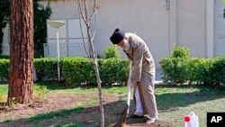 In this photo released by an official website of the office of the Iranian supreme leader, Supreme Leader Ayatollah Ali Khamenei participates in a tree planting ceremony in Tehran, Iran, March 3, 2020.
