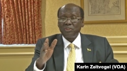 FILE - Recently fired South Sudan Foreign Minister Barnaba Marial Benjamin makes a point to reporters at a news conference in Washington, D.C. on Dec. 4, 2014. 