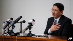 북한에 억류 중인 한국인 김정욱 선교사가 지난 2014년 2월 평양에서 기자회견하고 있다. (자료사진)