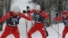Johnny Spillane (left) leads a parade of three World Champions, Billy Demong and Todd Lodwick (right) at the Olympic Trials at Howelsen Hill in Steamboat Springs, Colorado