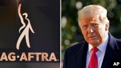 In this combination photo, the SAG-AFTRA logo appears on screen at the 26th annual Screen Actors Guild Awards on Jan. 19, 2020, in Los Angeles and President Donald Trump walks to board Marine One on the South Lawn of the White House on Jan. 12, 2021.