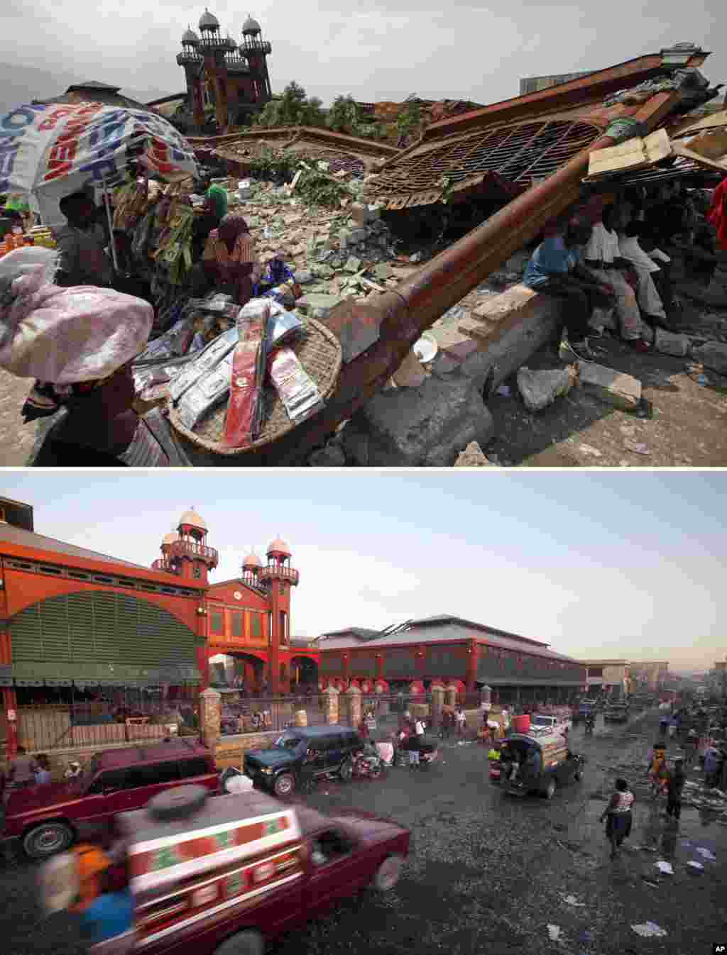 Gambar atas: Orang-orang menjual barang di luar reruntuhan Pasar Besi tua, sebulan setelah gempa bumi di Port - au -Prince, Haiti, 15 Februari 2010 . Gambar bawah: Pasar telah dibangun kembali oleh perusahaan telepon selular Digicel, perusahaan terbesar di Haiti, 10 Januari 2015.