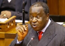 FILE - South African Finance Minister Tito Mboweni speaks during his budget speech at Parliament in Cape Town, South Africa, Oct. 30, 2019.