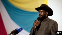 South Sudan President Salva Kiir, shown here delivering a speech last year in Juba, is hosting a meeting of the ruling SPLM party's political bureau. (AFP)