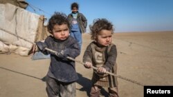 Anak-anak pengungsi Suriah yang ikut keluarganya menghindari pertempuran di kota Raqqa bermain di luar tendanya di provinsi Ras al-Ain, Suriah (22/1).